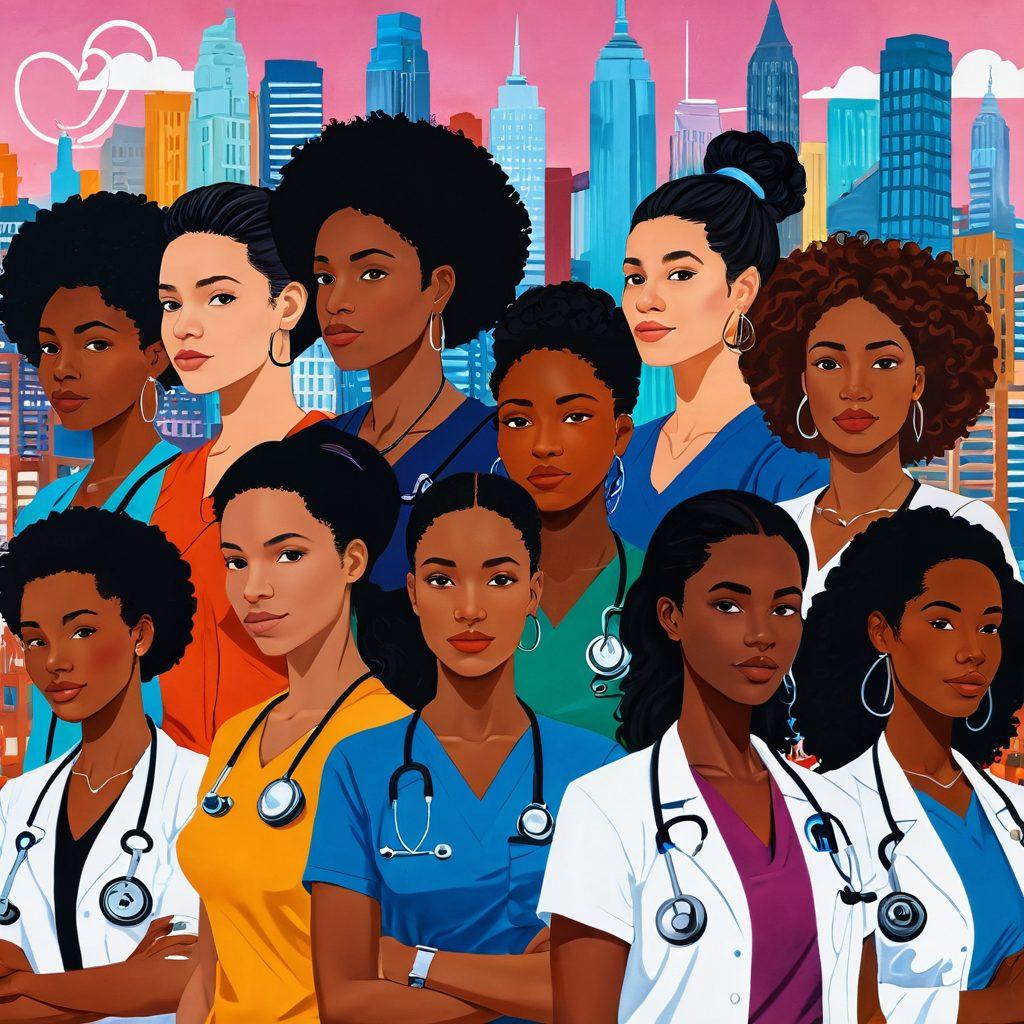 A powerful depiction of diverse women from different backgrounds standing together, symbolizing unity in the fight for health equity. They are surrounded by health symbols like stethoscopes and scales, representing women's health rights. Emphasize vibrant colors to showcase strength and resilience, set against a backdrop of a city skyline with subtle social justice motifs. Painting style, emphasized visuals for social impact.
