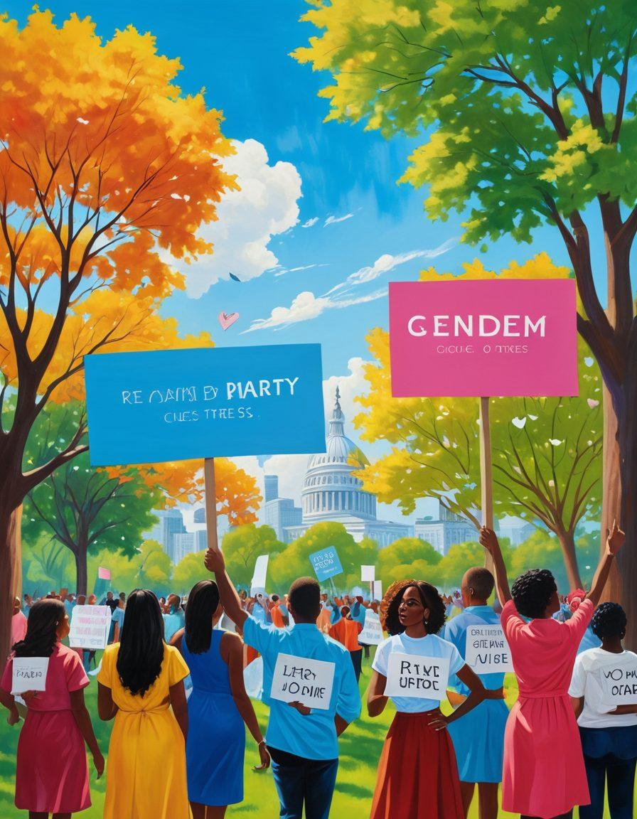 A powerful scene depicting a diverse group of individuals holding signs advocating for gender parity and choice rights. The backdrop features a vibrant city park, showcasing trees and a bright blue sky, symbolizing hope and progress. Emphasize unity with individuals from different backgrounds standing together. Include symbols such as scales of justice and hearts to reinforce the theme of advocacy. painting. vibrant colors. dynamic composition.