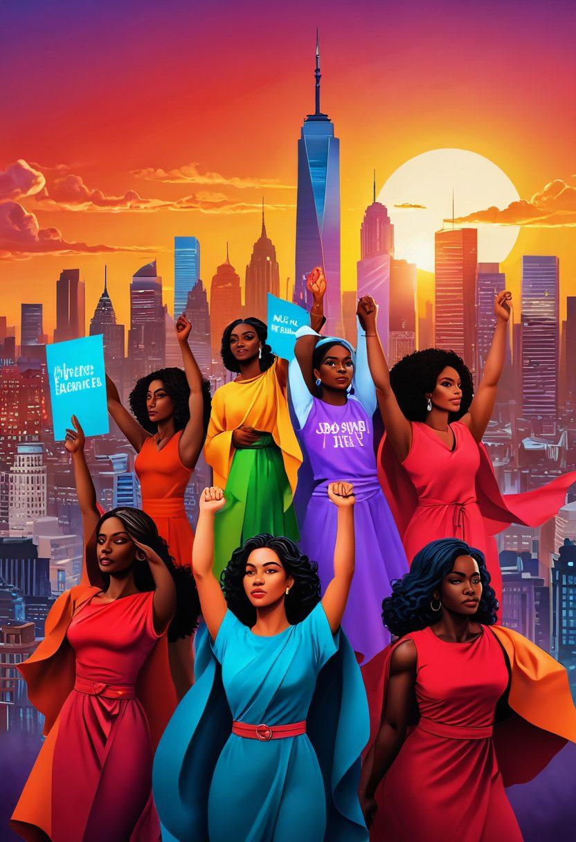 A powerful scene depicting diverse women of various backgrounds, passionately united, holding banners that symbolize reproductive freedom and women's rights, with a backdrop of an iconic city skyline at sunset. The atmosphere is filled with determination, vibrant colors reflecting hope and strength, showcasing symbolic elements like a blooming flower and scales of justice. artistic illustration. vibrant colors. 3D effect.
